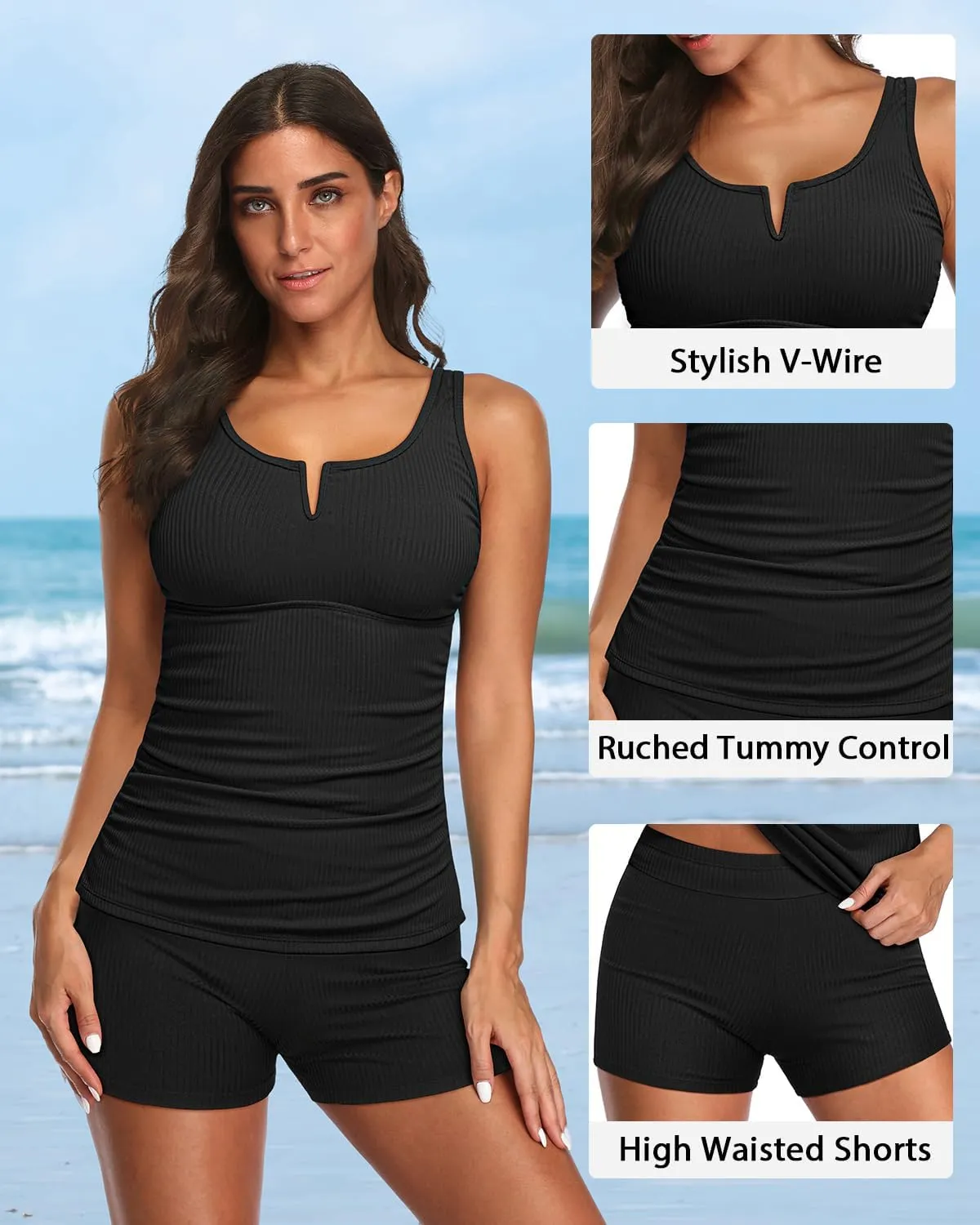 Daci Womens 2 Piece Tankini Swimsuits - Tummy Control Bathing Suit with Shorts V Wire Tankini Top Ribbed Swimwear