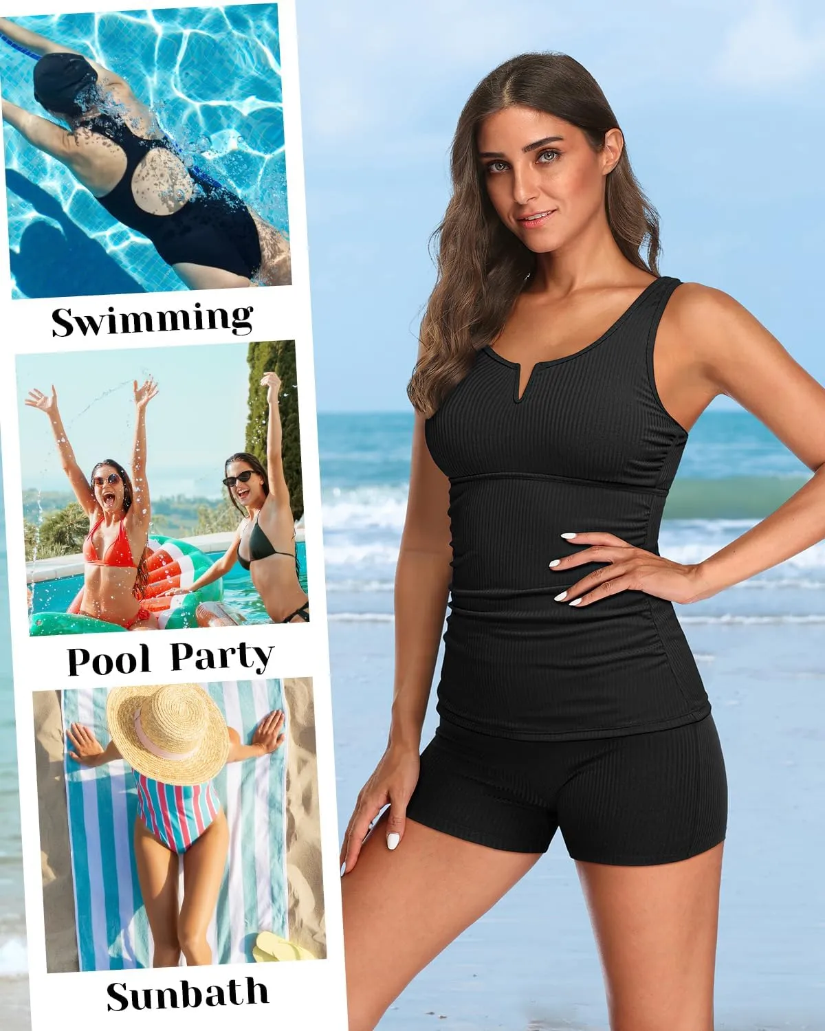 Daci Womens 2 Piece Tankini Swimsuits - Tummy Control Bathing Suit with Shorts V Wire Tankini Top Ribbed Swimwear