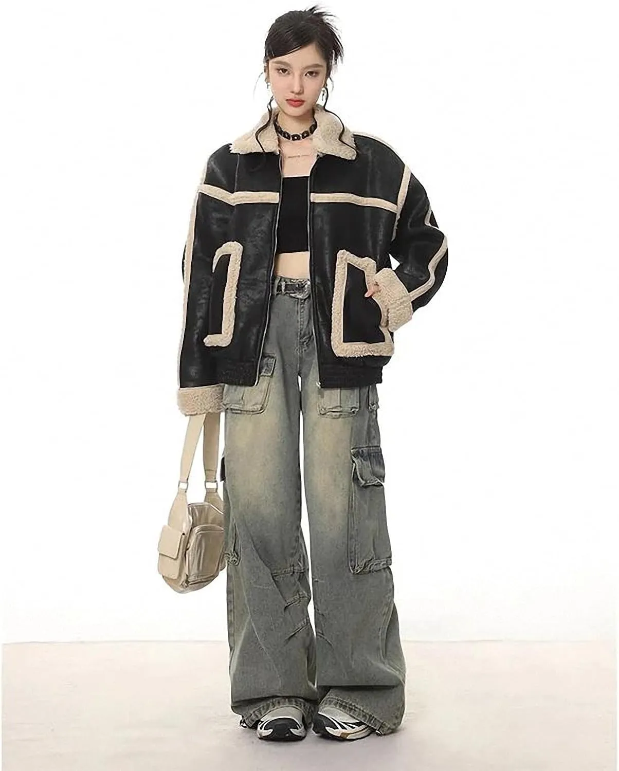 Dawery Winter Lambswool Coat Women Faux Shearling Leather Jackets Motorcycle Short Coat Loose Cotton-Padded Jacket Coat