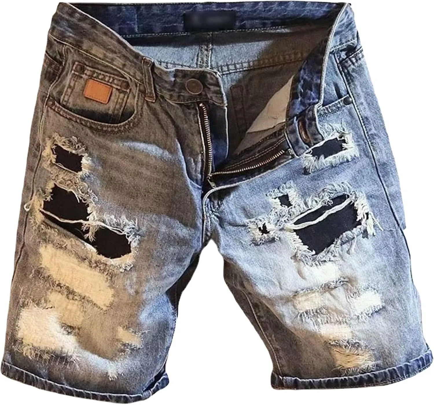 DGHM-JLMY Men's Ripped Straight Washed Denim Shorts Mid-Rise Patchwork Frayed Jean Shorts Casual Broken Straight Short Jeans