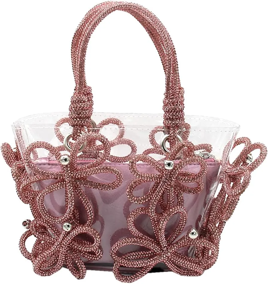 DJBM Women Clear PVC Rhinestone Handbag PVC Tote Bag Crystal Floral Evening Bag Transparent Shoulder Bag for Party Prom