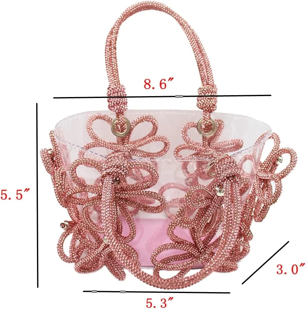 DJBM Women Clear PVC Rhinestone Handbag PVC Tote Bag Crystal Floral Evening Bag Transparent Shoulder Bag for Party Prom