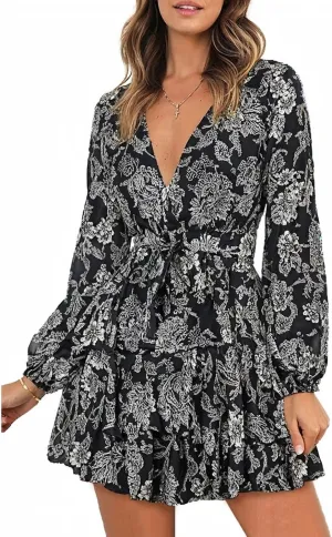 Dokotoo Womens 2024 Summer Spring V Neck Ruffle Chiffon Elegant Tie Knot Mini Short Swing Skater Dresses