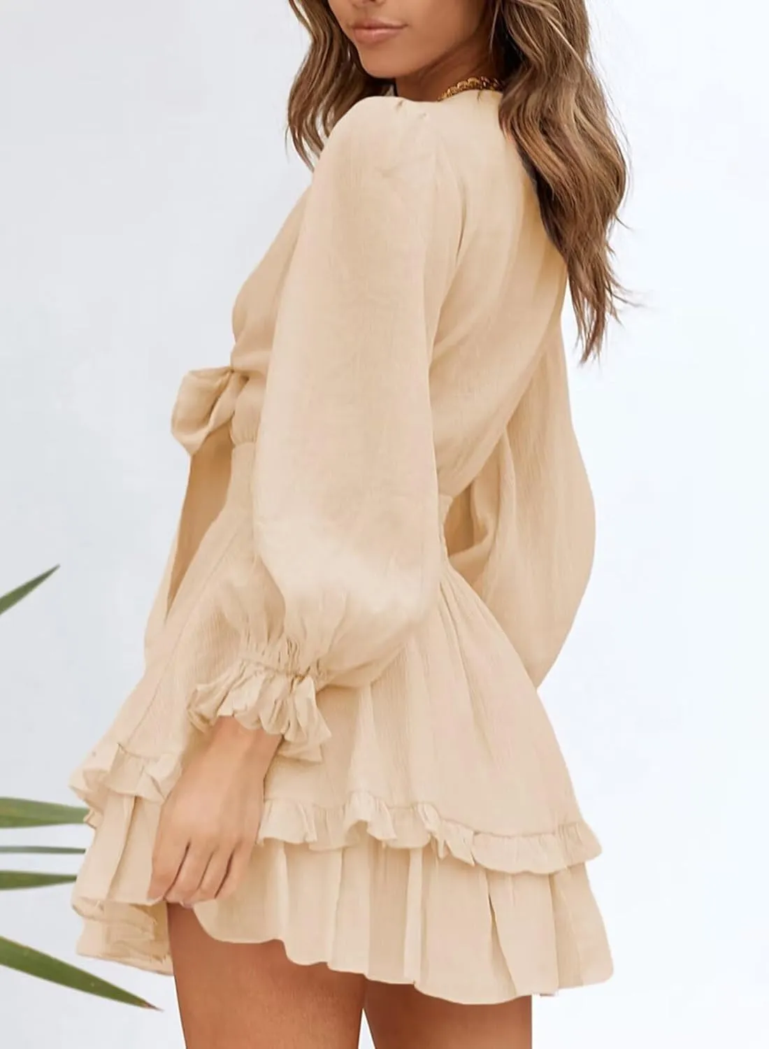 Dokotoo Womens Casual Spring Summer 2025 Deep V Neck Knotted Tiered Chiffon Elegant Mini Short Swing Skater Dresses