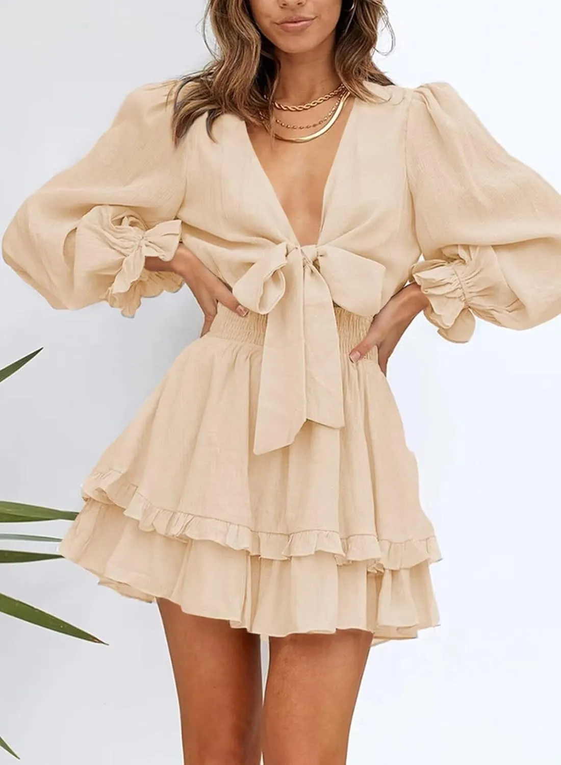 Dokotoo Womens Casual Spring Summer 2025 Deep V Neck Knotted Tiered Chiffon Elegant Mini Short Swing Skater Dresses