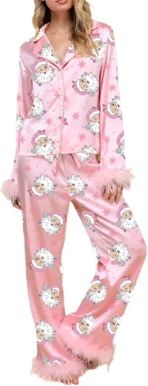 DSORVICD Women Christmas Pajama Set Feather Trim Long Sleeve Button Down Shirt High Waist Pants Xmas 2 Piece Pjs Loungewear
