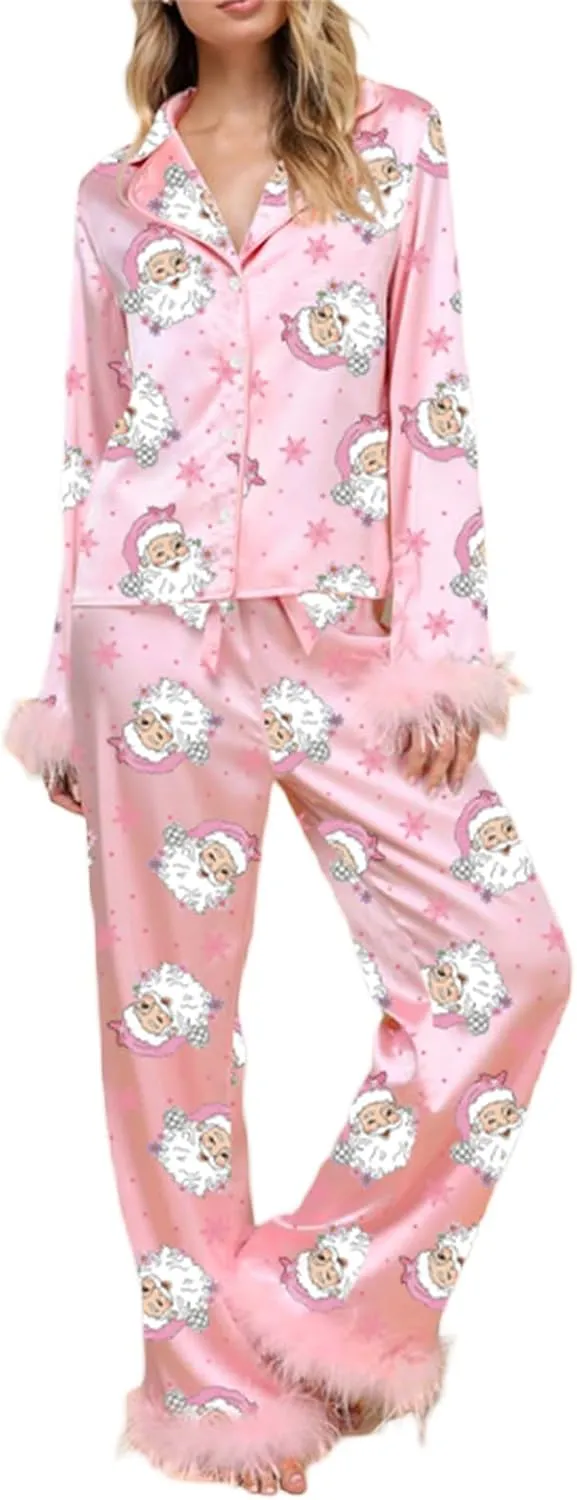DSORVICD Women Christmas Pajama Set Feather Trim Long Sleeve Button Down Shirt High Waist Pants Xmas 2 Piece Pjs Loungewear