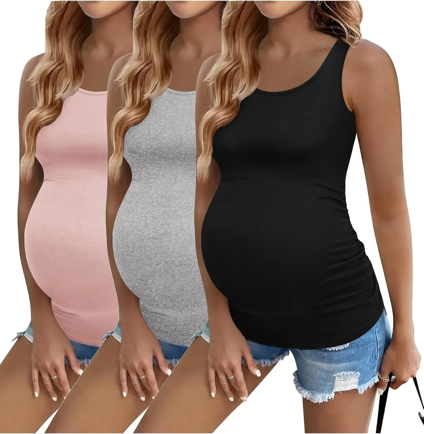Ekouaer 3 Pack Women Maternity Tank Tops Ruch Side Basic Shirts Summer Postpartum Tops Sleeveless Pregnancy Workout Clothes