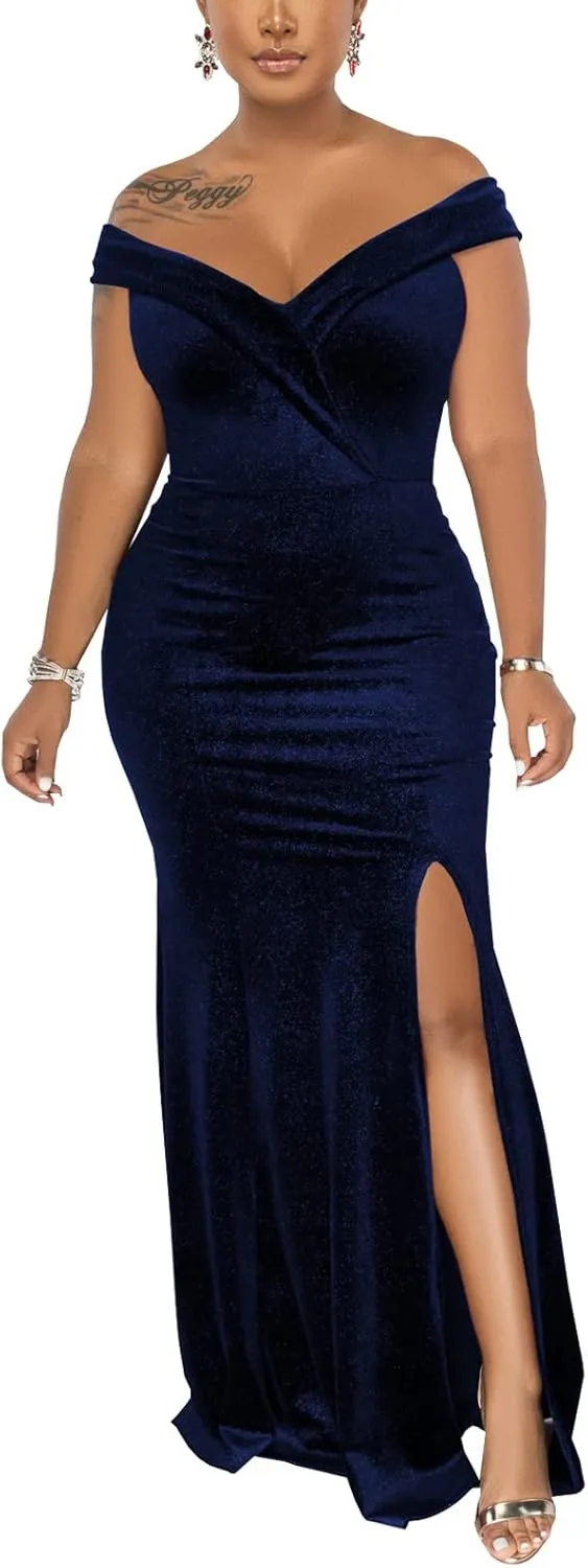 Elegant Off Shoulder Mermaid Bodycon Maxi Dress for Women Sexy Wedding Ruched Evening Gown Prom Cocktail Party Dress