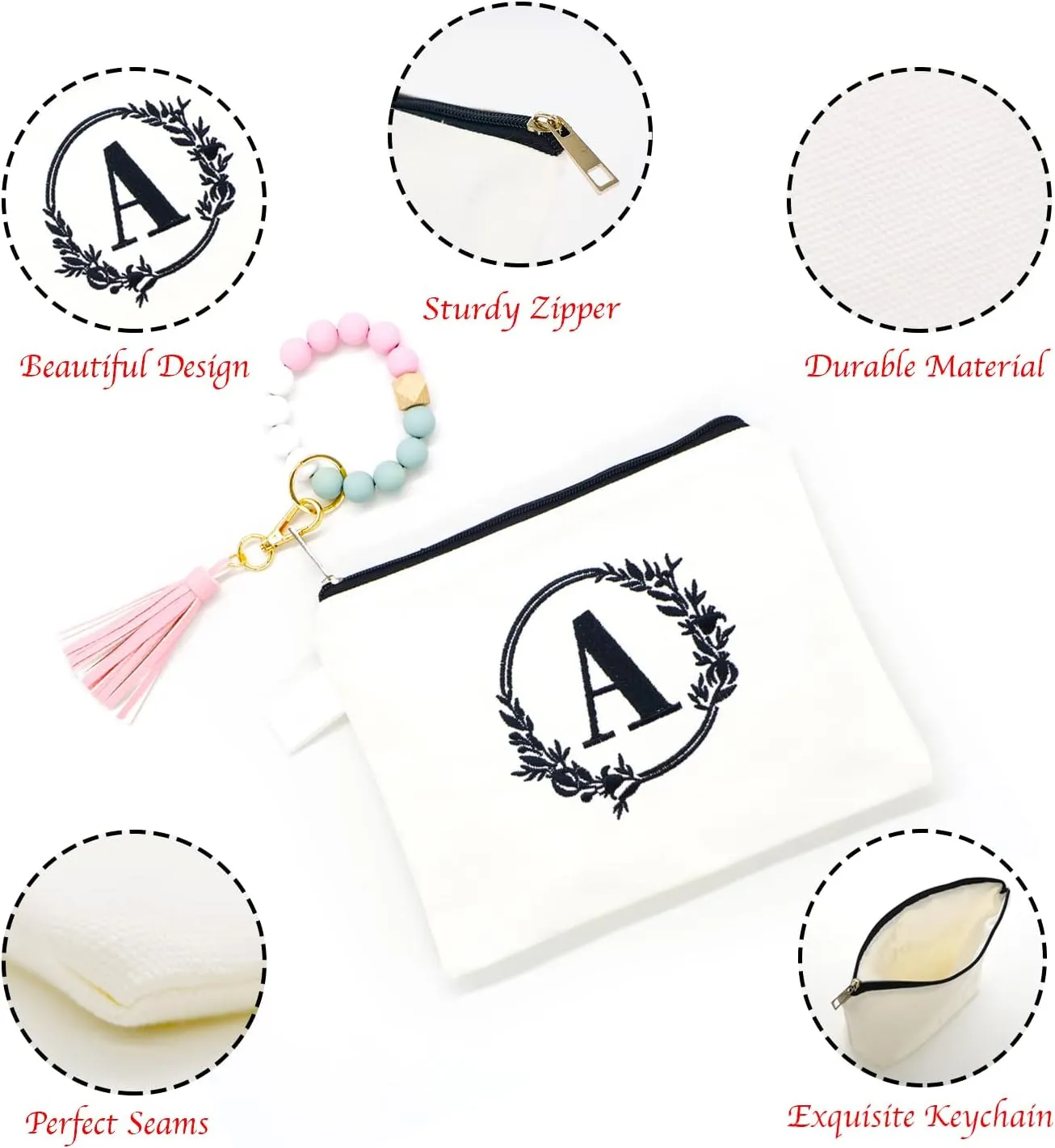 Embroidered letter combination cosmetic bagPersonalized Present Bag, Suitable for Wedding, Birthday, Holiday, is a Great Gift for Women, Mom, Teachers, Friends, Bridesmaids (A)