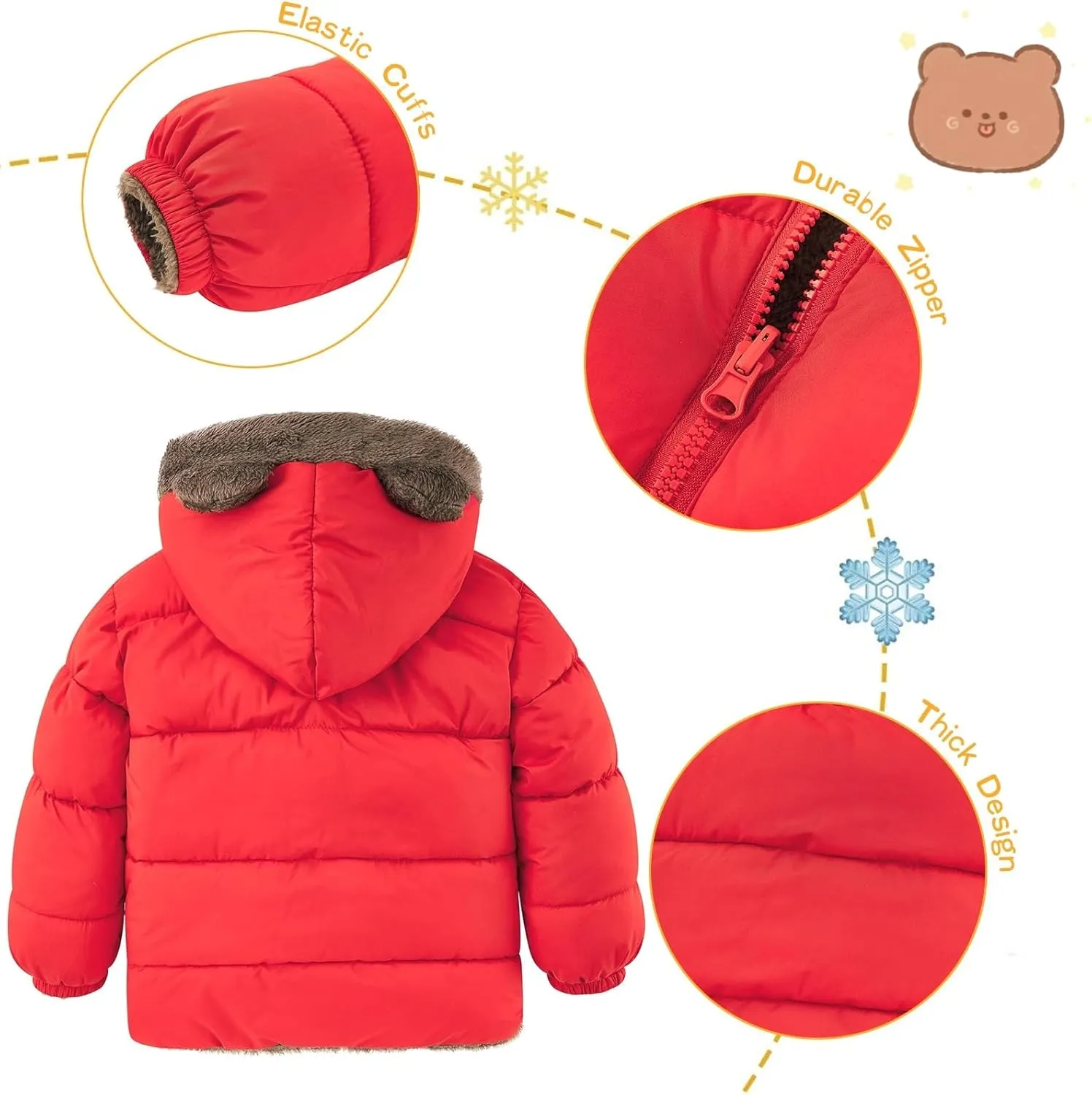 Enlifety 6M-5T Baby Toddler Winter Fleece Coat Boys Girls Cute Bear Ear Hooded Jackets with Pockets