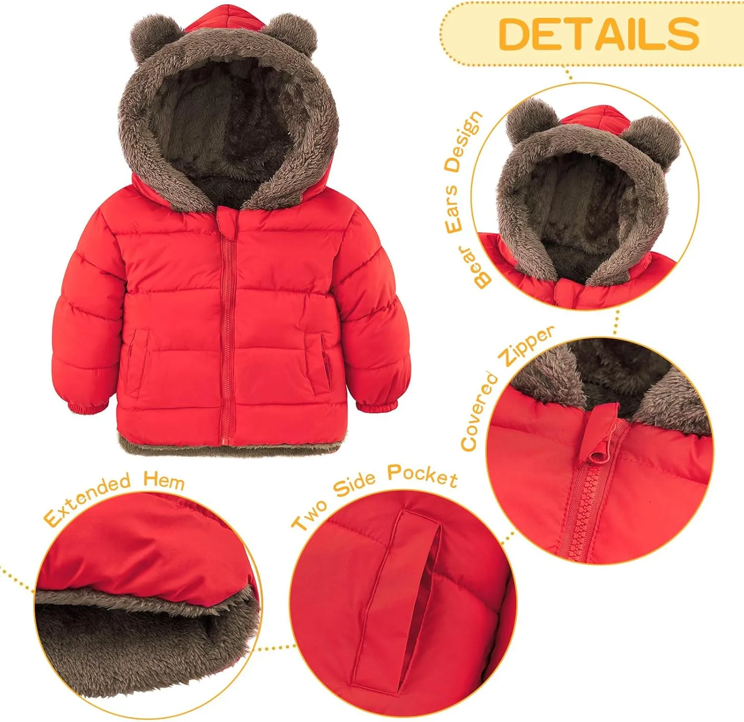 Enlifety 6M-5T Baby Toddler Winter Fleece Coat Boys Girls Cute Bear Ear Hooded Jackets with Pockets