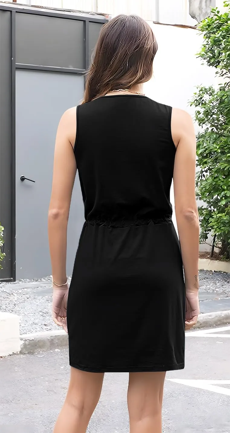 ETCYY Womens Summer Casual Dresses Sleeveless Beach Vacation Sundresses Drawstring Waist Short Striped Dress with Pockets