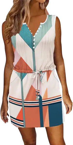 ETCYY Womens Summer Casual Dresses Sleeveless Beach Vacation Sundresses Drawstring Waist Short Striped Dress with Pockets
