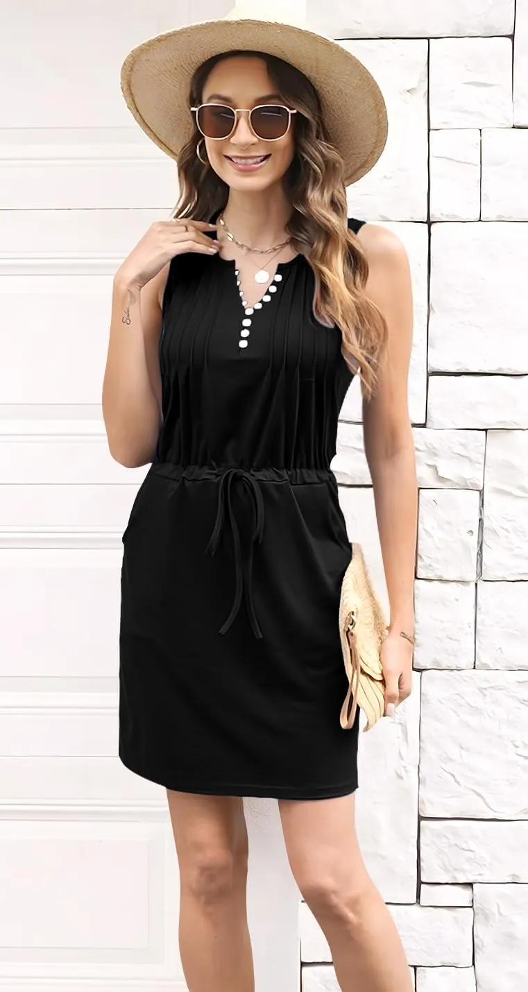ETCYY Womens Summer Casual Dresses Sleeveless Beach Vacation Sundresses Drawstring Waist Short Striped Dress with Pockets
