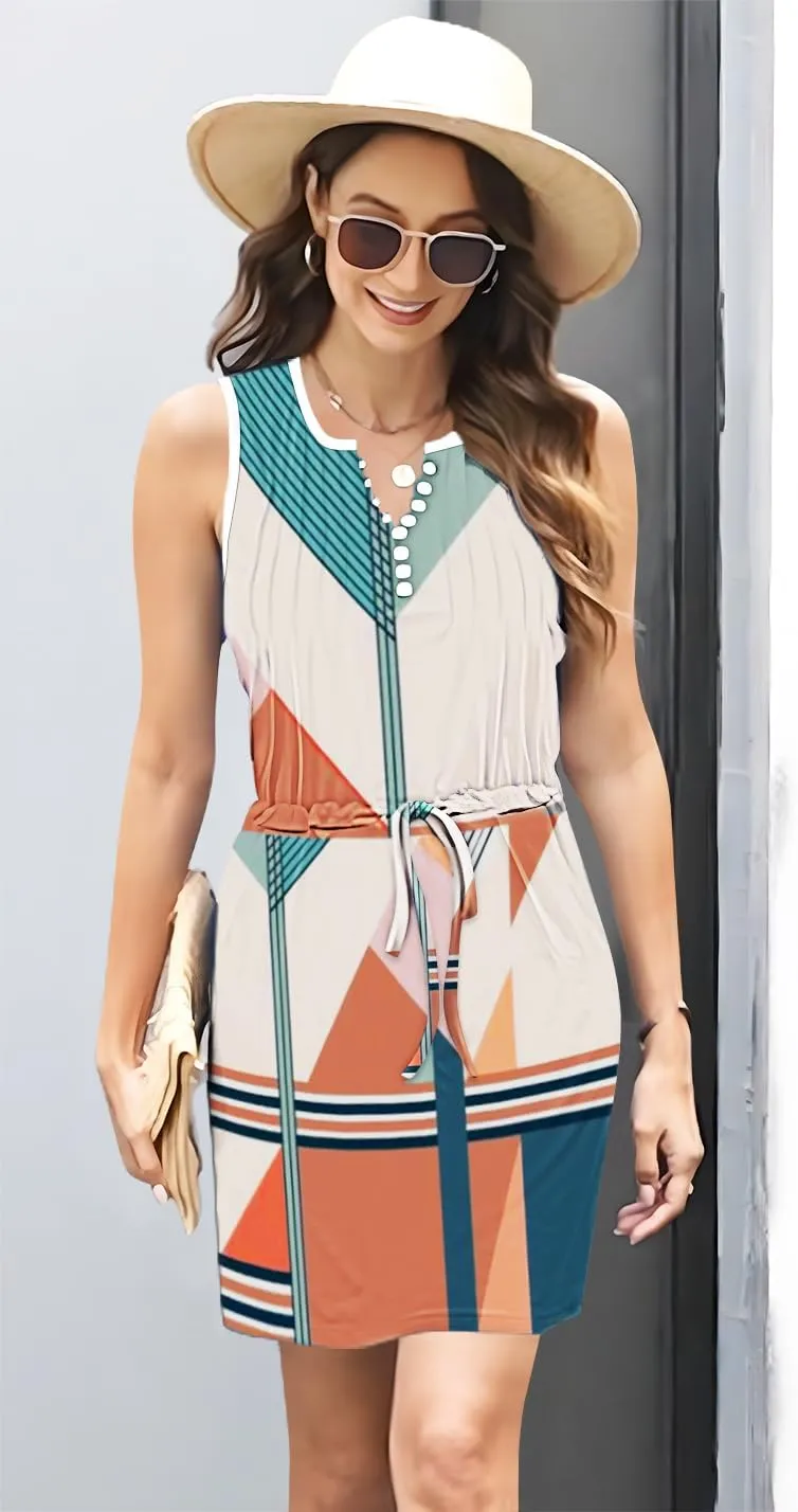 ETCYY Womens Summer Casual Dresses Sleeveless Beach Vacation Sundresses Drawstring Waist Short Striped Dress with Pockets