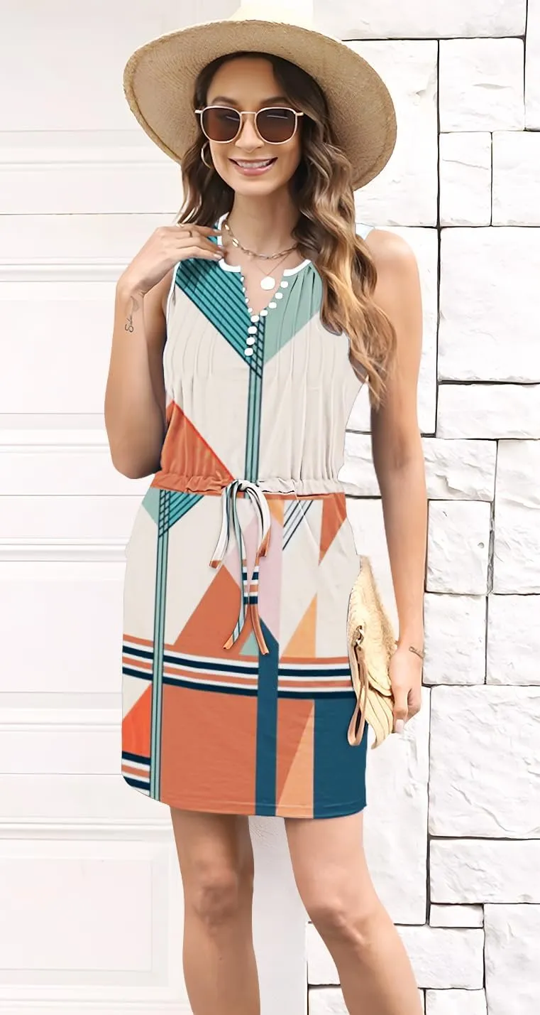 ETCYY Womens Summer Casual Dresses Sleeveless Beach Vacation Sundresses Drawstring Waist Short Striped Dress with Pockets