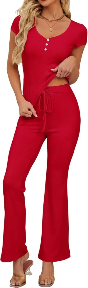 Ezbelle Summer Lounge Sets Women's Short Sleeve Pjs Button Down V Neck Shirt Knit Pajama Set 2 Piece Outfits Long Pants 2025