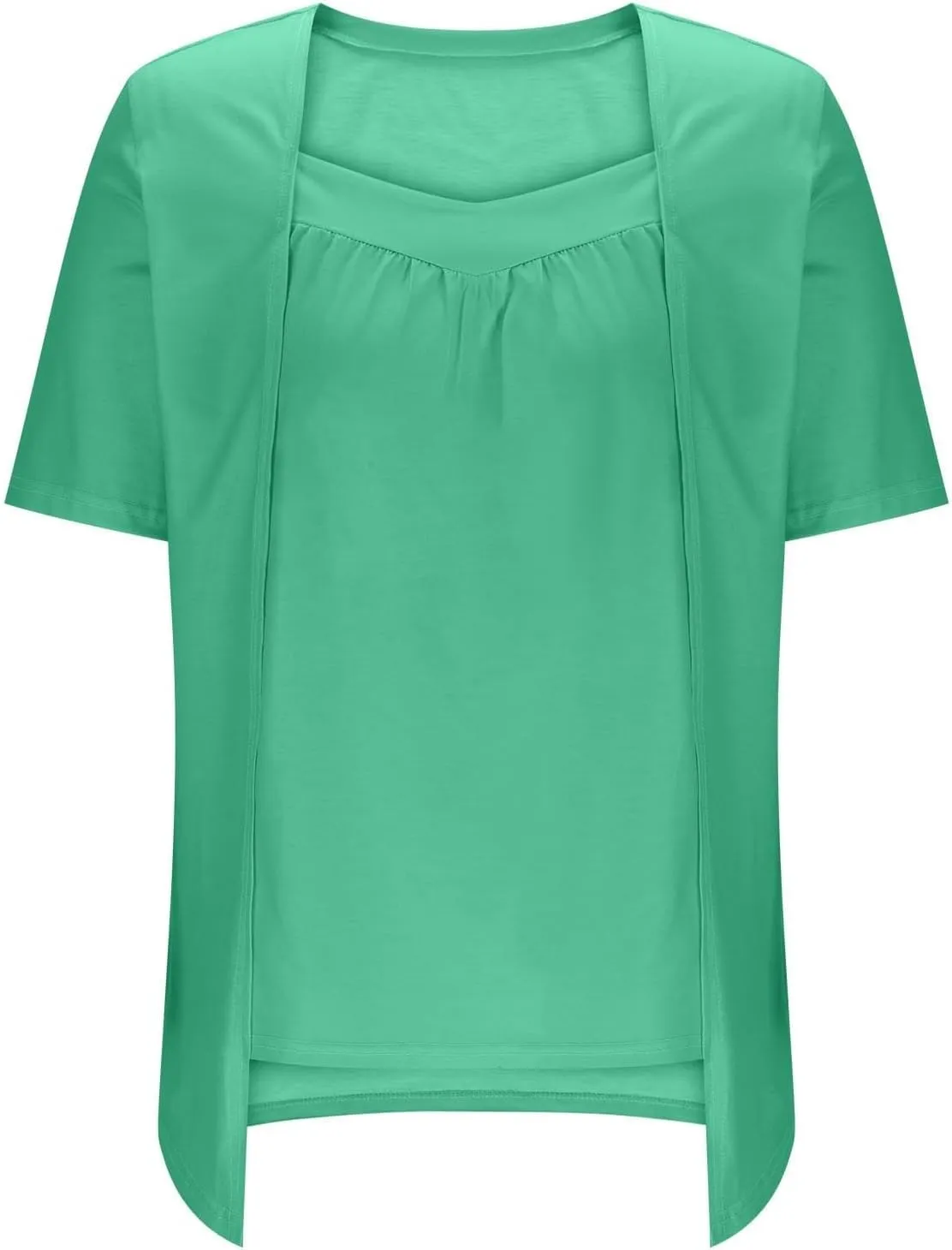 Fake Two Shirts Women Summer Trendy Loose Flowy Tops Casual Square Neck Pleated Layered Short Sleeve Boho Blouse 2025