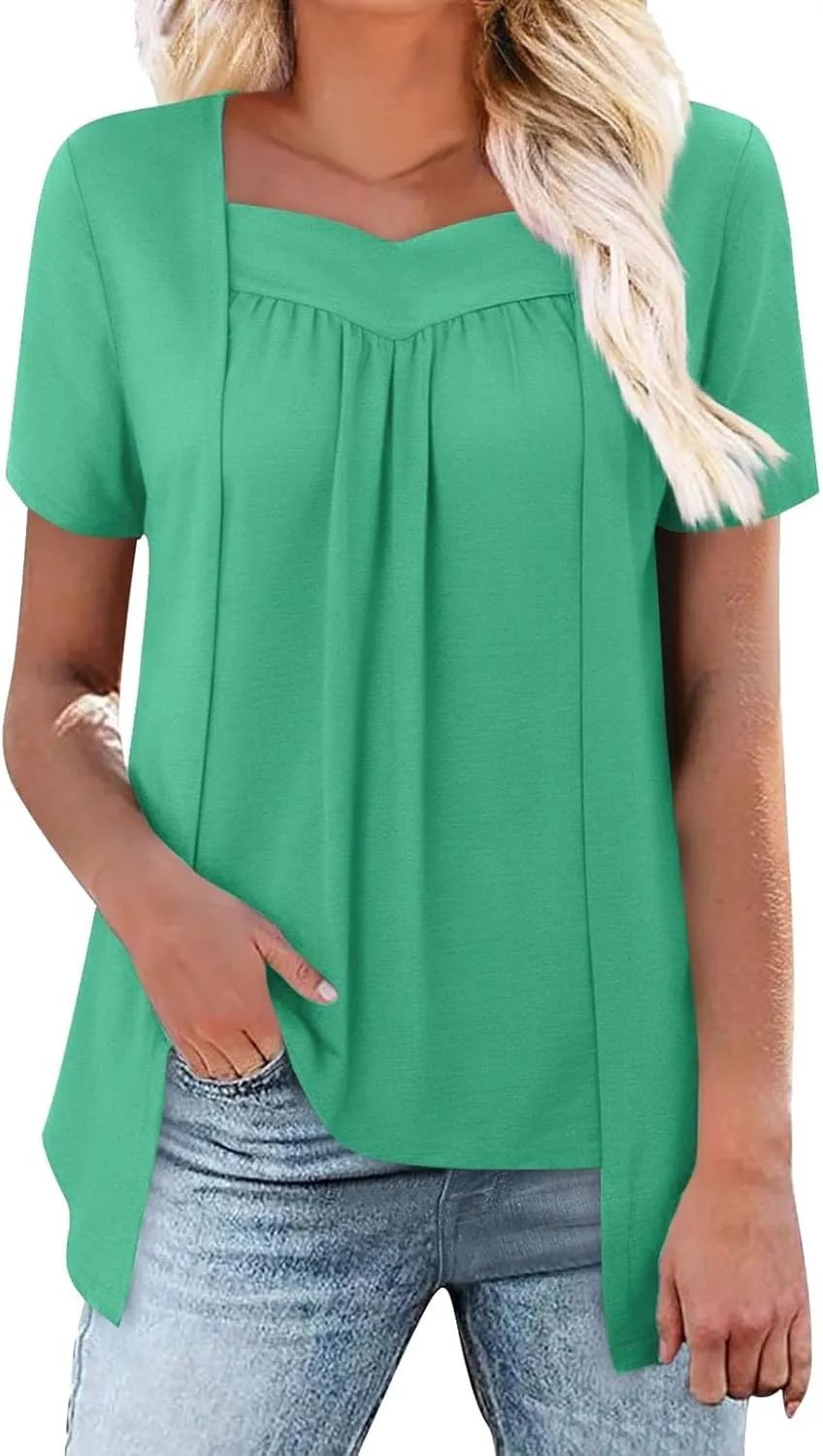 Fake Two Shirts Women Summer Trendy Loose Flowy Tops Casual Square Neck Pleated Layered Short Sleeve Boho Blouse 2025