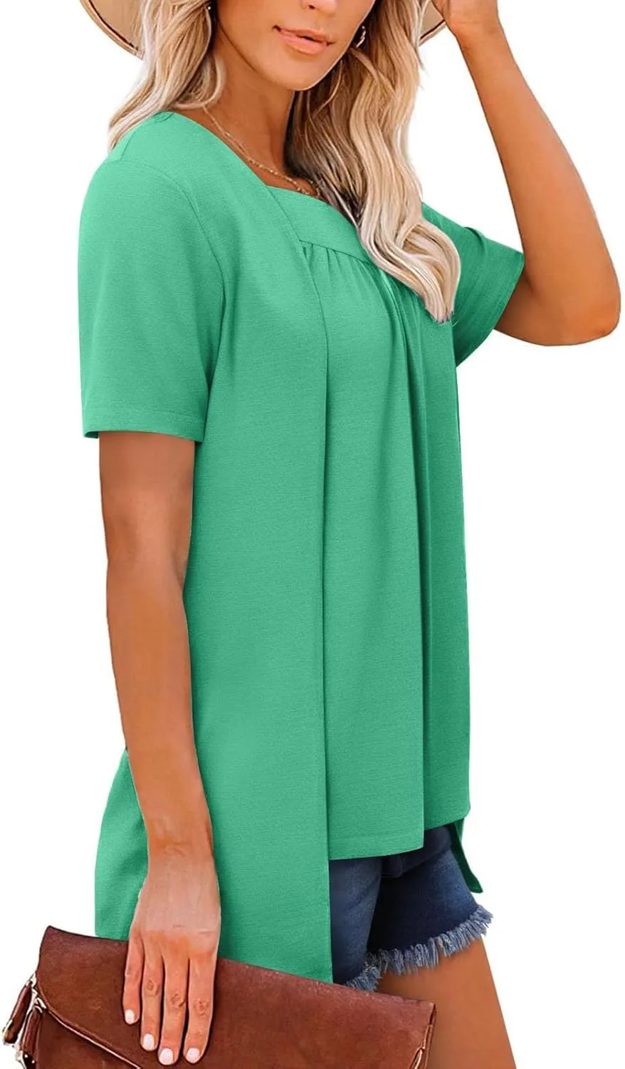 Fake Two Shirts Women Summer Trendy Loose Flowy Tops Casual Square Neck Pleated Layered Short Sleeve Boho Blouse 2025