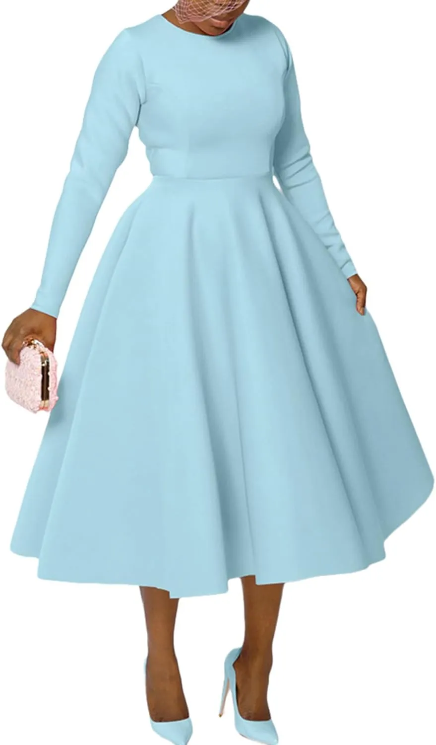 Famnbro Women's Vintage Cocktail Dresses 1950s Round Neck Long Sleeve A Line Formal Church Swing Maxi Dress