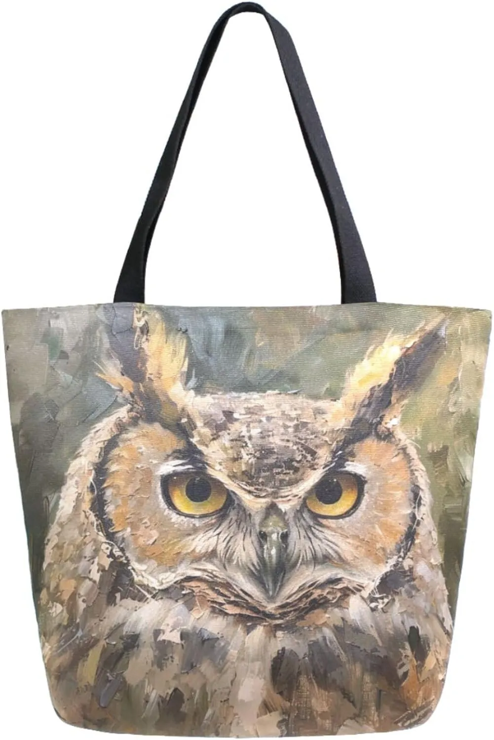 Fashion Extra Large Shoulder Grocery Tote Bag, Lifelike Owl Oil Painting Brown Canvas Daily Handle Bag for Gym Yoga Weekender Beach Travel Picnic Kitchen Reusable Market Shopping