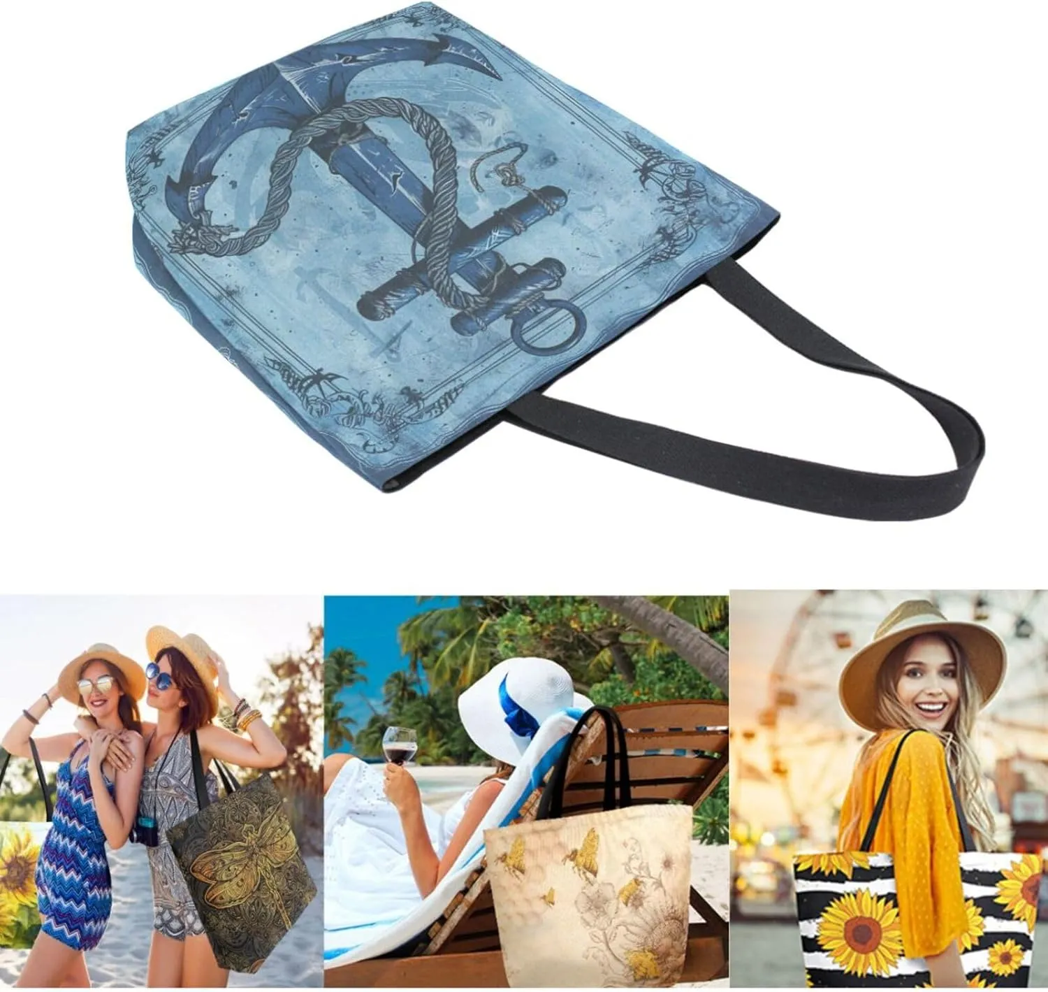 Fashion Pattern Extra Large Shoulder Grocery Tote Bag, Art Anchor Nautical Blue Canvas Daily Handle Bag for Gym Weekender Beach Travel Kitchen Reusable Market Shopping