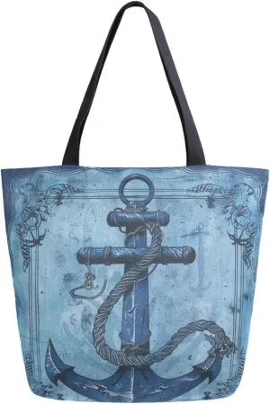 Fashion Pattern Extra Large Shoulder Grocery Tote Bag, Art Anchor Nautical Blue Canvas Daily Handle Bag for Gym Weekender Beach Travel Kitchen Reusable Market Shopping