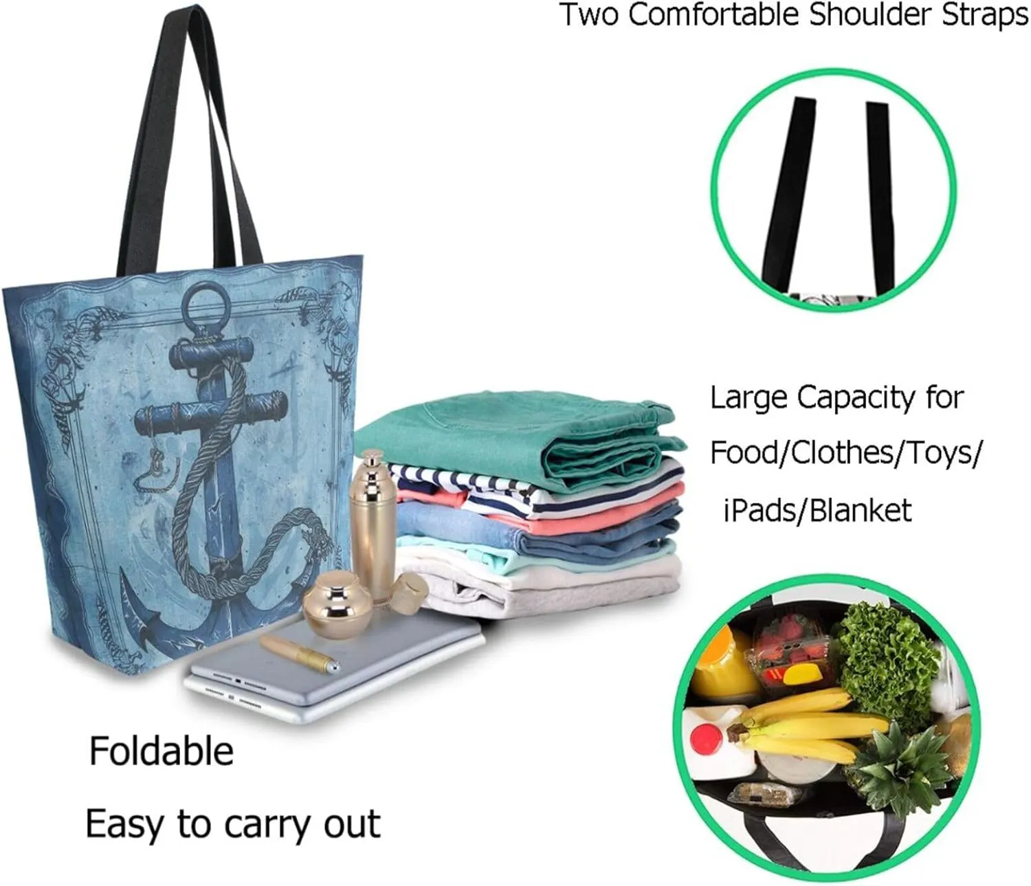 Fashion Pattern Extra Large Shoulder Grocery Tote Bag, Art Anchor Nautical Blue Canvas Daily Handle Bag for Gym Weekender Beach Travel Kitchen Reusable Market Shopping