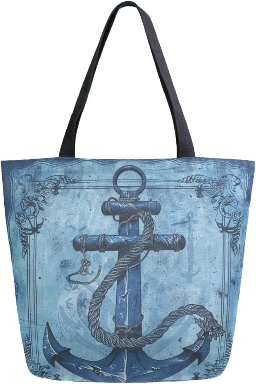 Fashion Pattern Extra Large Shoulder Grocery Tote Bag, Art Anchor Nautical Blue Canvas Daily Handle Bag for Gym Weekender Beach Travel Kitchen Reusable Market Shopping