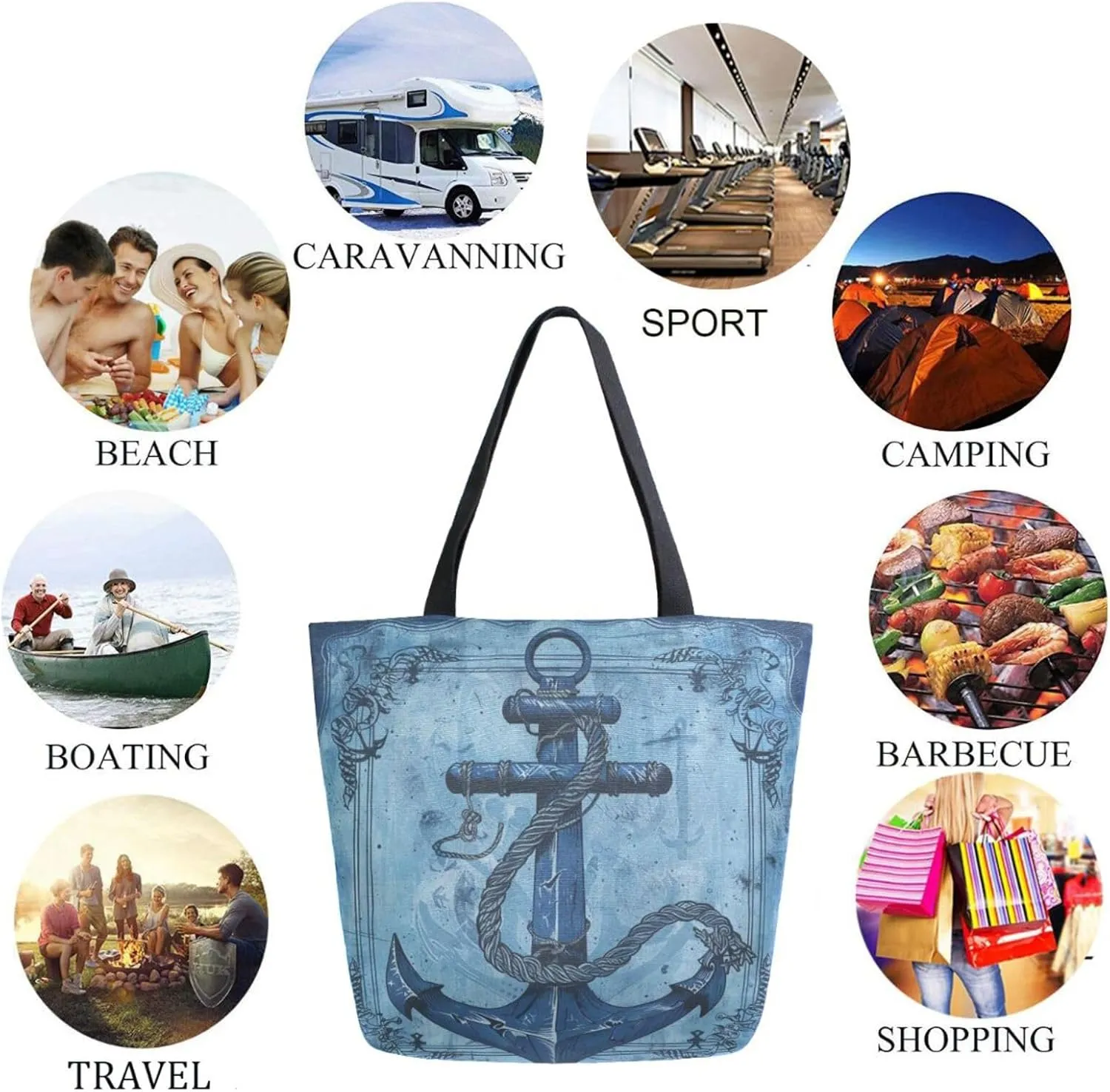 Fashion Pattern Extra Large Shoulder Grocery Tote Bag, Art Anchor Nautical Blue Canvas Daily Handle Bag for Gym Weekender Beach Travel Kitchen Reusable Market Shopping