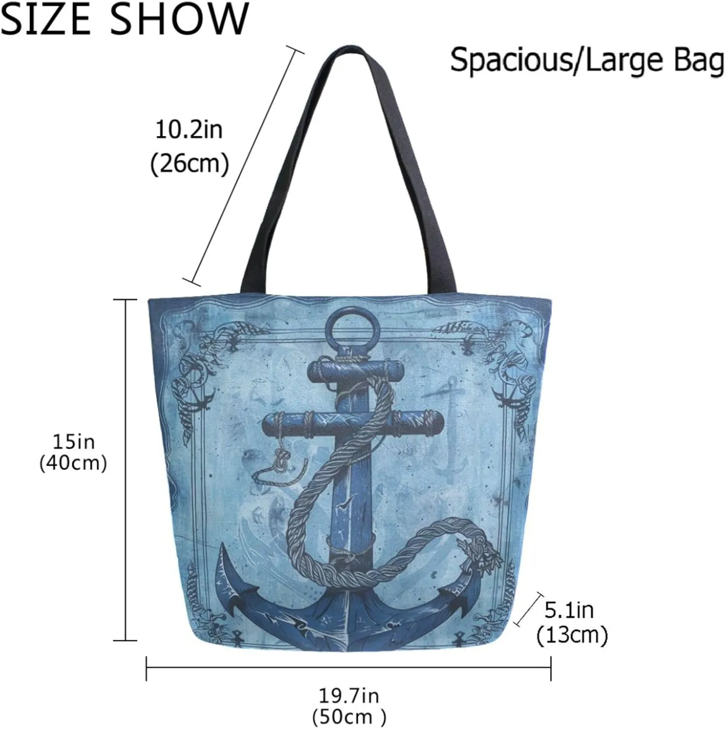 Fashion Pattern Extra Large Shoulder Grocery Tote Bag, Art Anchor Nautical Blue Canvas Daily Handle Bag for Gym Weekender Beach Travel Kitchen Reusable Market Shopping