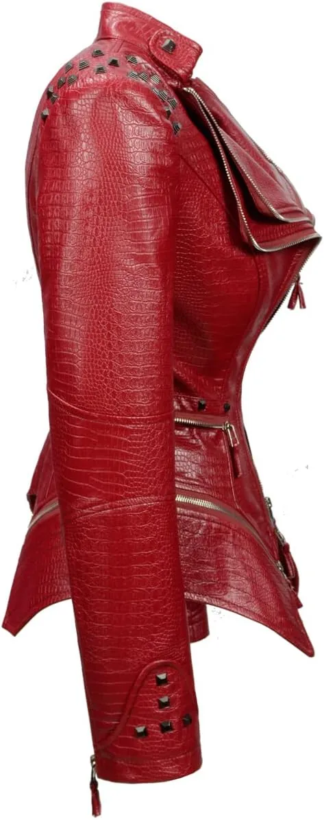 Fashion SX Women's Punk Studded Faux-alligator Print Pattern PU Leather Jackets Zipper Moto Biker Coat