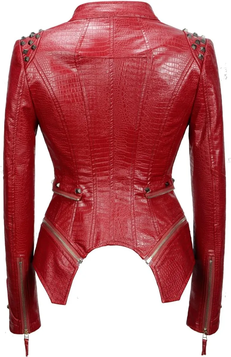 Fashion SX Women's Punk Studded Faux-alligator Print Pattern PU Leather Jackets Zipper Moto Biker Coat
