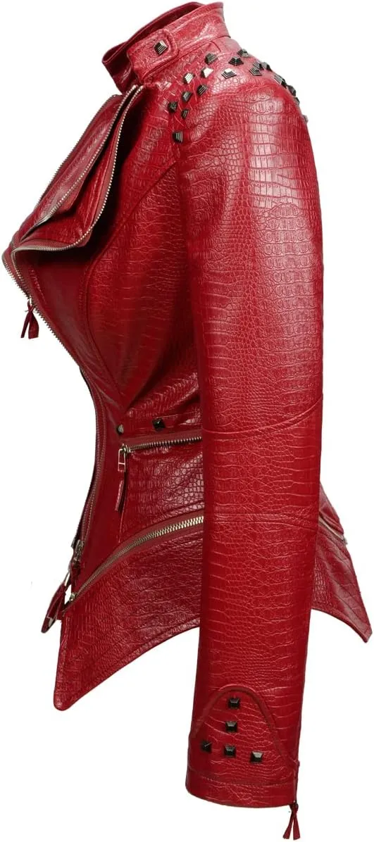 Fashion SX Women's Punk Studded Faux-alligator Print Pattern PU Leather Jackets Zipper Moto Biker Coat