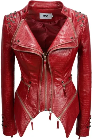 Fashion SX Women's Punk Studded Faux-alligator Print Pattern PU Leather Jackets Zipper Moto Biker Coat