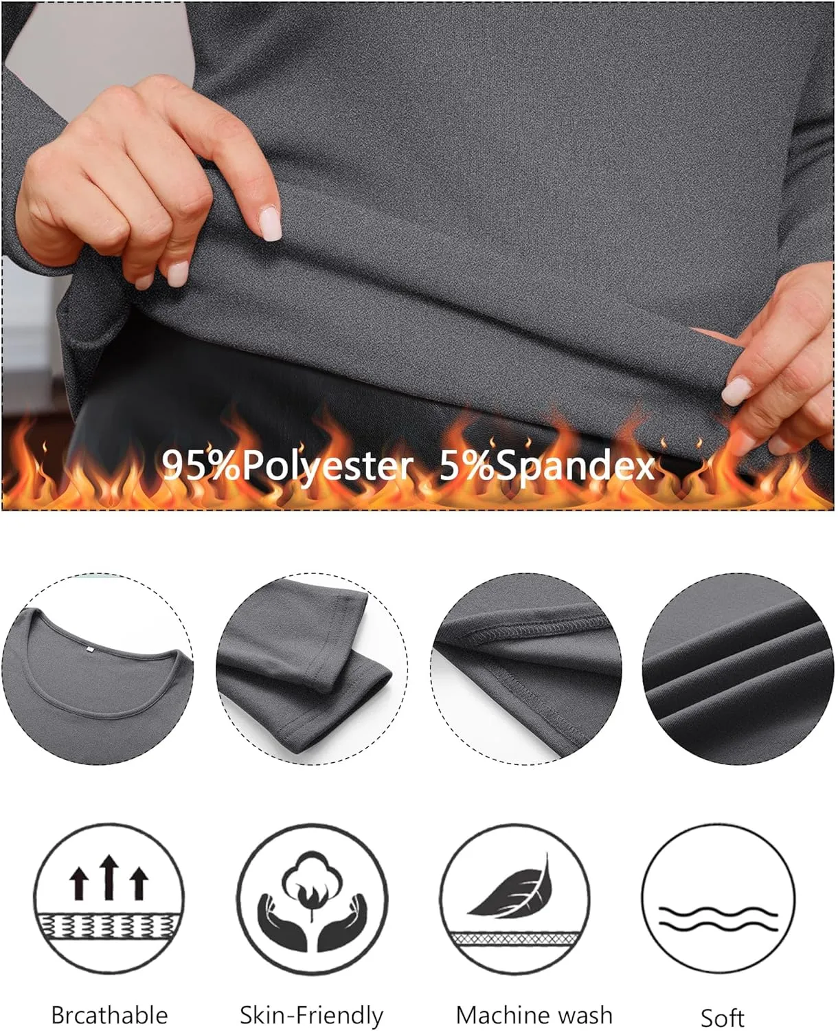 Ficerd 3 Pack Women's Plus Size Thermal Shirts Fleece Lined Scoop Neck Long Sleeve Tops Fitted Winter Base Layer Underwear