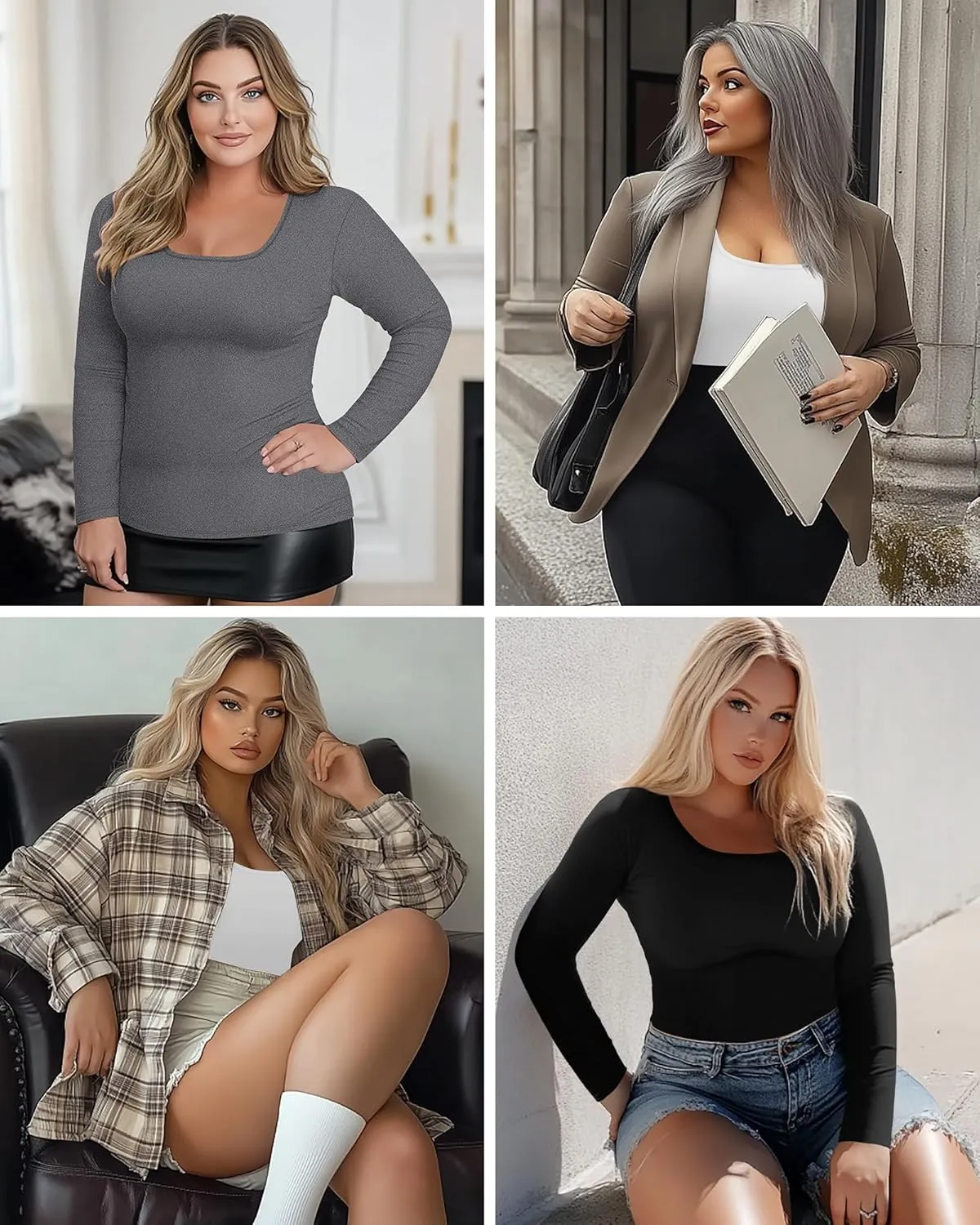 Ficerd 3 Pack Women's Plus Size Thermal Shirts Fleece Lined Scoop Neck Long Sleeve Tops Fitted Winter Base Layer Underwear