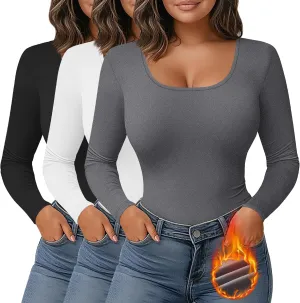 Ficerd 3 Pack Women's Plus Size Thermal Shirts Fleece Lined Scoop Neck Long Sleeve Tops Fitted Winter Base Layer Underwear