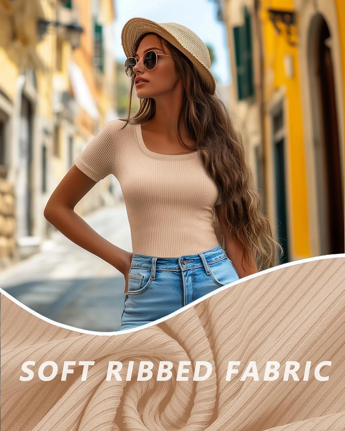 Ficerd 3 Pack Women's Short Sleeve Scooped Neck T Shirts Tops Basic Ribbed Knit Tee Slim Fit Solid Color Shirt