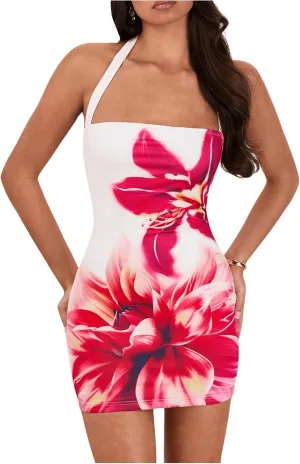 Floerns Women's Flower Print Halter Bodycon Dress Sleeveless Mini Pencil Dresses
