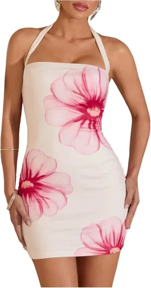 Floerns Women's Flower Print Halter Bodycon Dress Sleeveless Mini Pencil Dresses