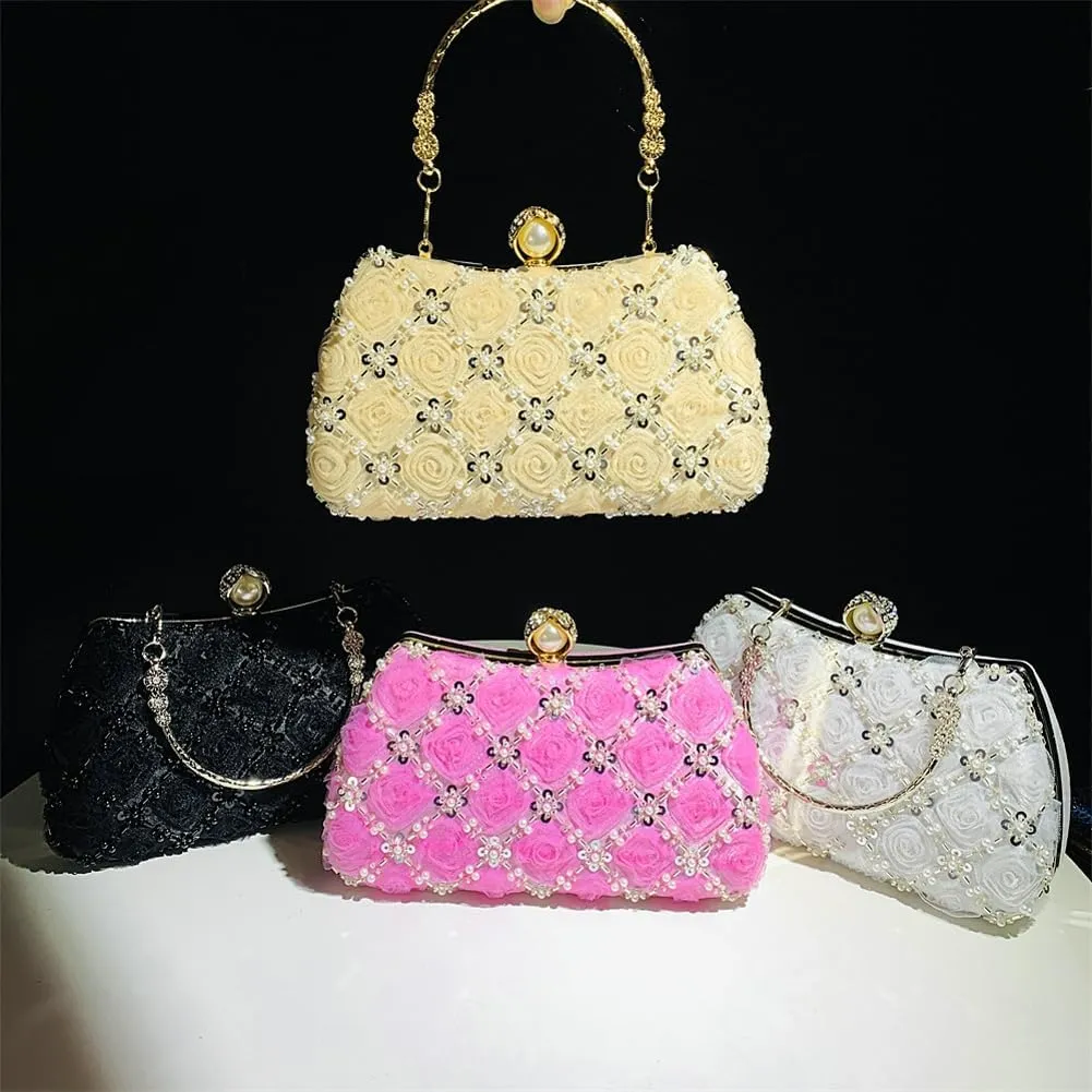Floral Evening Handbags Women Satin Pearl Beaded Clutch Purses Chain Shoulder Bag Prom Bride Wedding Handbags 2025
