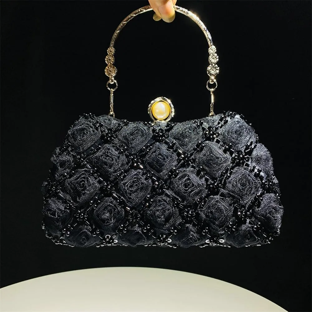 Floral Evening Handbags Women Satin Pearl Beaded Clutch Purses Chain Shoulder Bag Prom Bride Wedding Handbags 2025