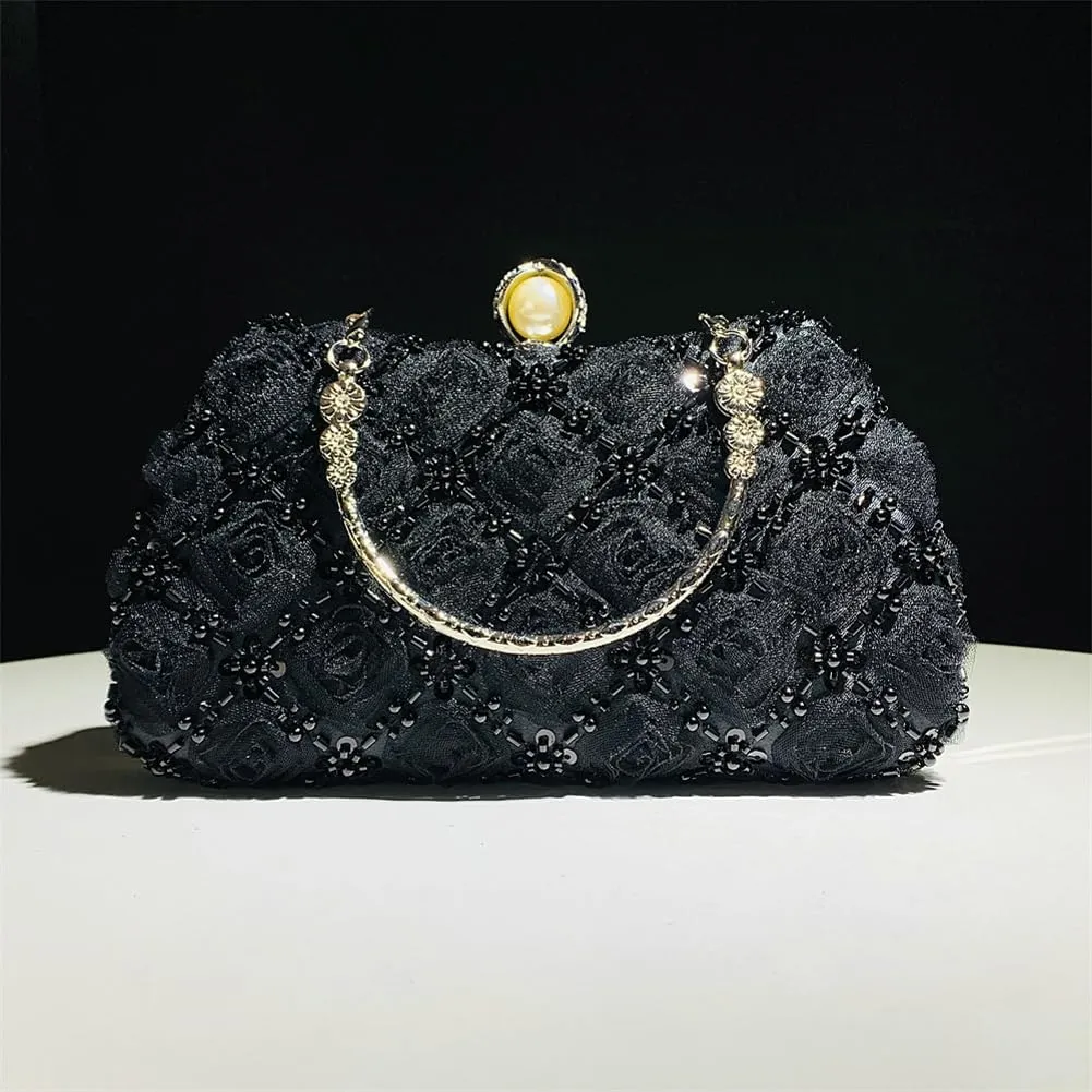 Floral Evening Handbags Women Satin Pearl Beaded Clutch Purses Chain Shoulder Bag Prom Bride Wedding Handbags 2025