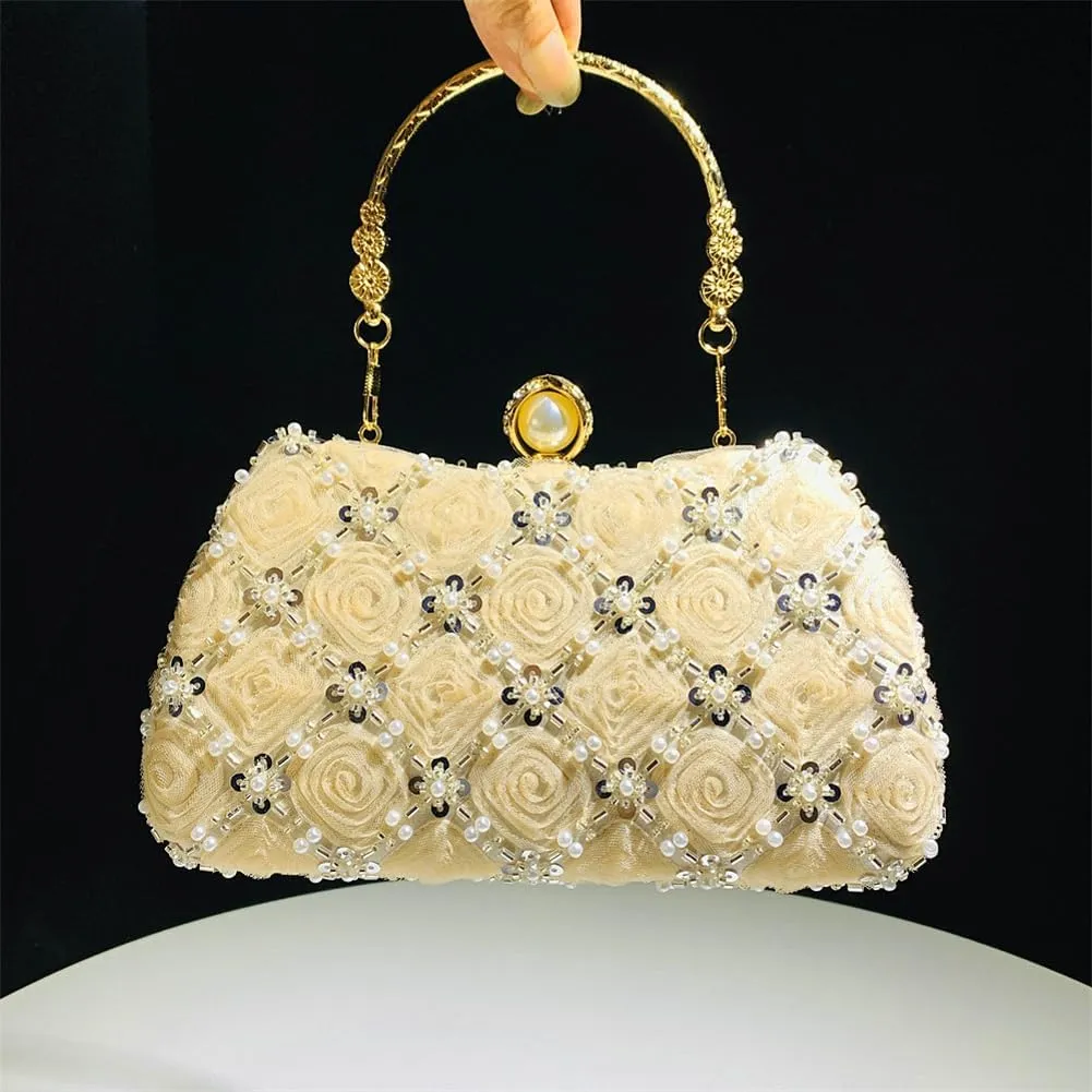 Floral Evening Handbags Women Satin Pearl Beaded Clutch Purses Chain Shoulder Bag Prom Bride Wedding Handbags 2025