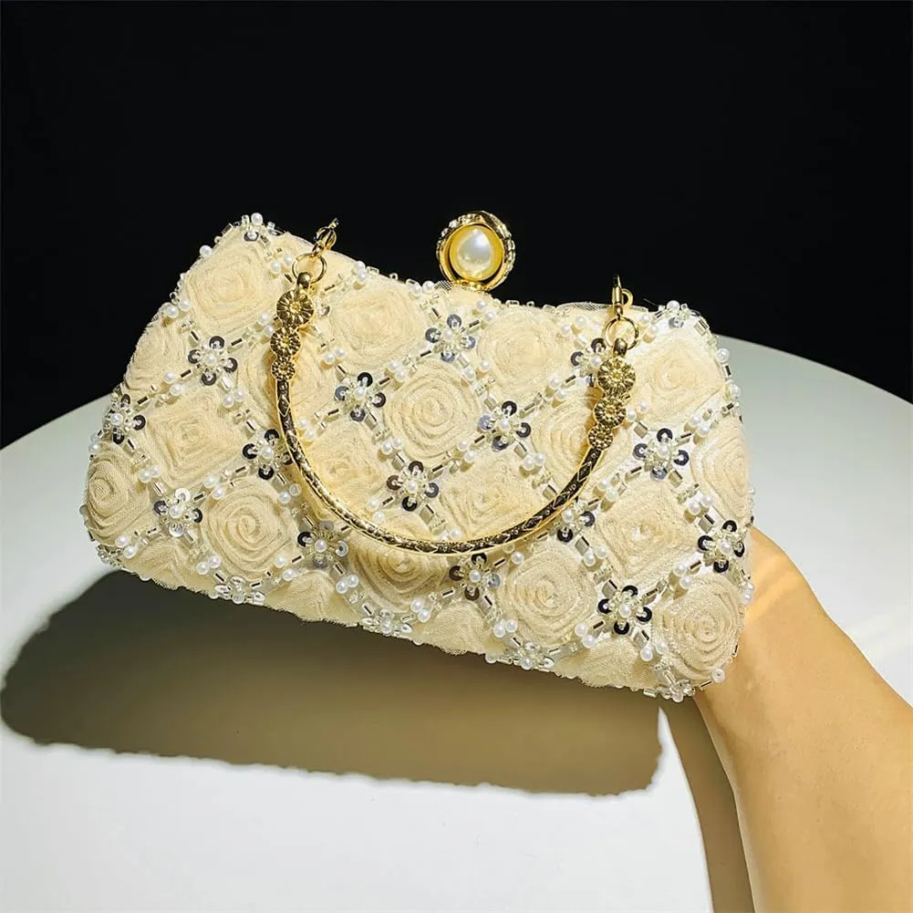 Floral Evening Handbags Women Satin Pearl Beaded Clutch Purses Chain Shoulder Bag Prom Bride Wedding Handbags 2025