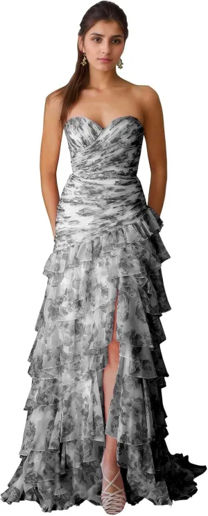 Floral Prom Dresses for Women 2025 Tiered Ball Gown A Line Long Strapless Formal Evening Party Dress with Slit
