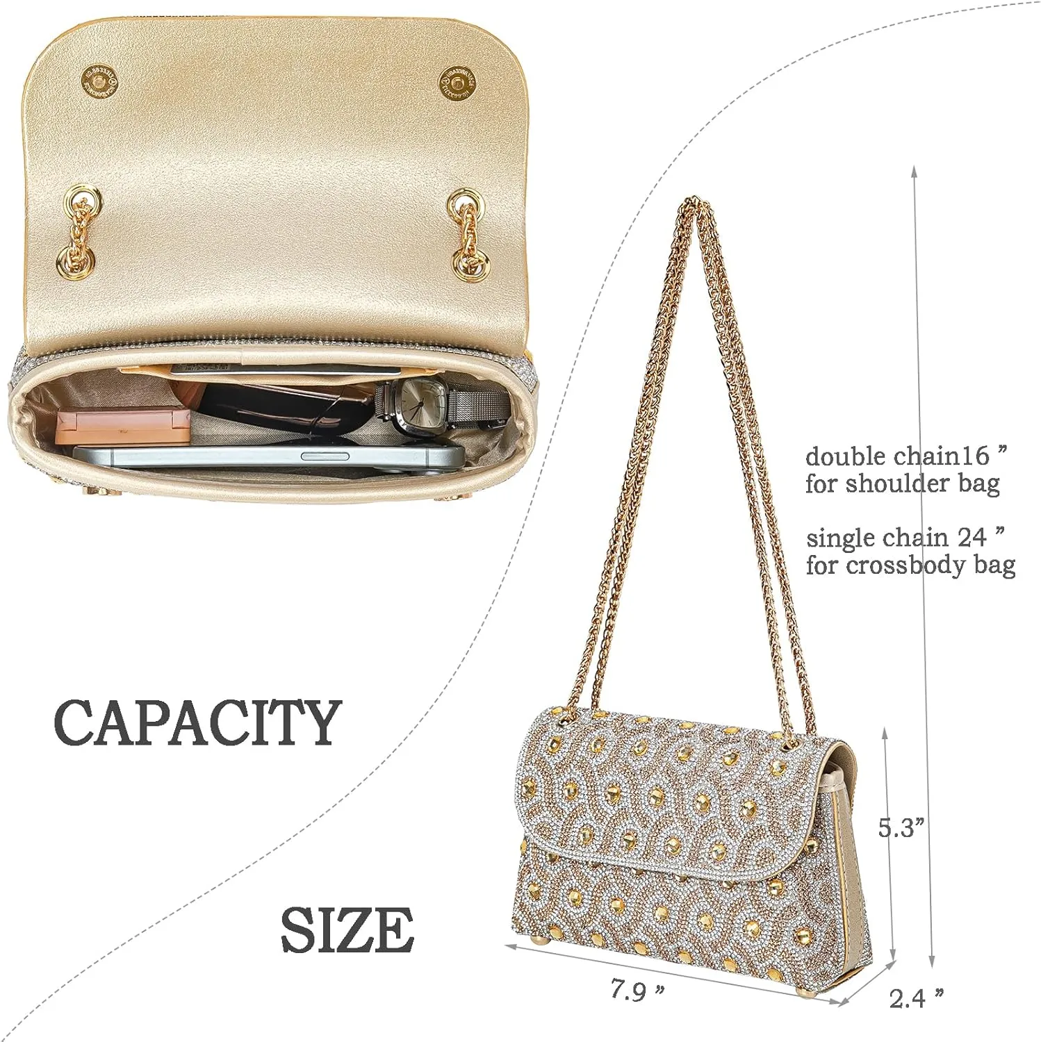 Flower Evening Handbags Chain Strap Square Shoulder Bag Crossbody Bag Crystals Rhinestone Clutch Purse